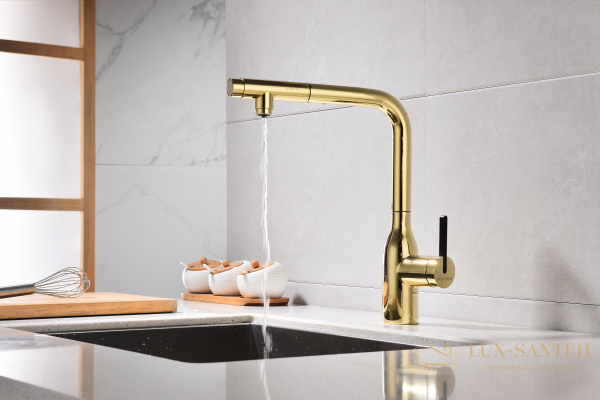 смеситель для кухни под фильтр с выдвижным изливом paulmark viper vi213105-g, золото