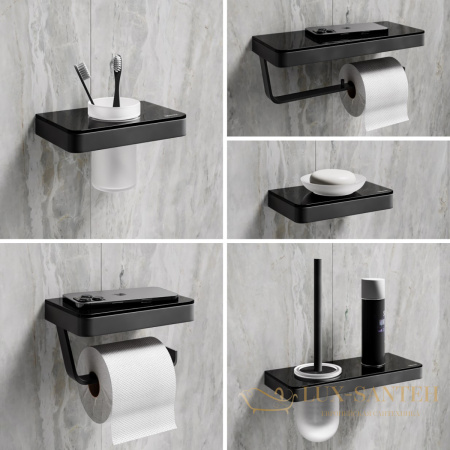 стакан для зубных щёток lemark glass line 9732036 с держателем, черный матовый/черное стекло