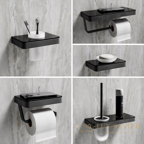 ёршик для унитаза lemark glass line 9762033 с держателем и полкой, черный матовый/черное стекло