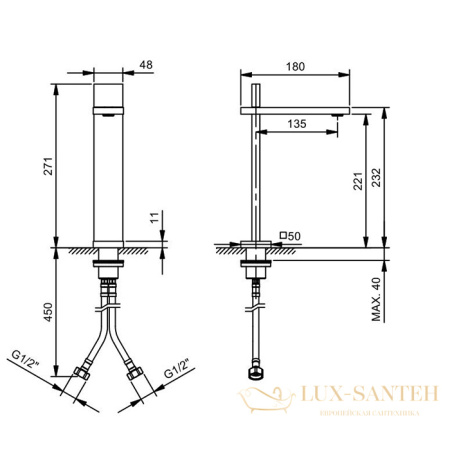 смеситель для раковины fantini ak/25, 48 p5 t006wf, без донного клапана, излив 135мм, matt gun metal pvd