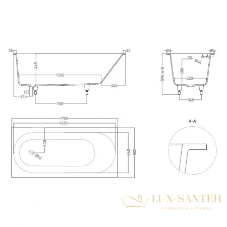 ванна salini ornella 102324m s-stone 170x80 см, белый