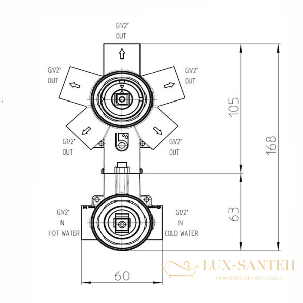смеситель встраиваемый для душа, bossini oki, z00004.073, 2-5 потребителей, внешняя часть, черный матовый