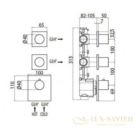 термостат  для душа встраиваемый highflow, bossini outlets z031203.073, на 2-4 потребителя, внешняя часть, черный матовый