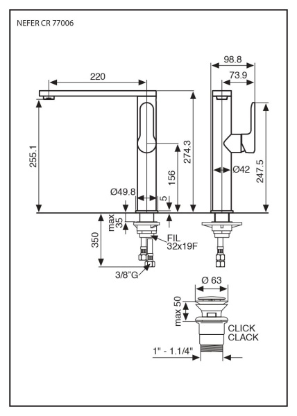 высокий однорычажный смеситель emmevi nefer 77006/cr для раковины (излив 22 см) ручка сбоку, хром