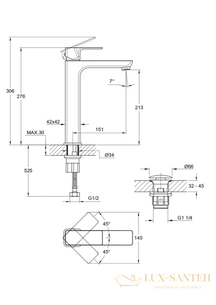 смеситель высокий для раковины cersanit geo 63043, с донным клапаном, хром