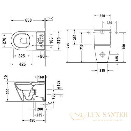 чаша напольного безободкового унитаза duravit d-neo 2002090000 rimless, белый