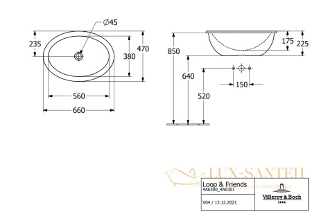 раковина встраиваемая villeroy&boch loop&friends 4a6300r1, 660х470х220h мм, с переливом, ceramicplus, белый глянцевый