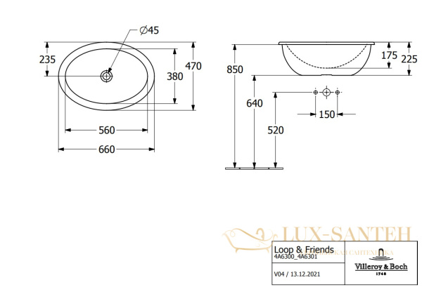 раковина встраиваемая villeroy&boch loop&friends 4a6300r1, 660х470х220h мм, с переливом, ceramicplus, белый глянцевый