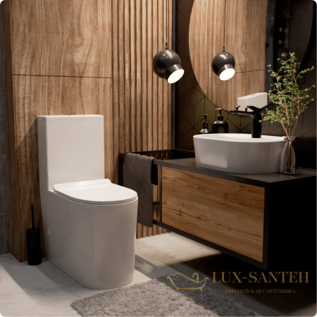 унитаз напольный безободковый aquame aqm1001, в комплекте c сиденьем softclose, горизонтальный выпуск, белый глянцевый