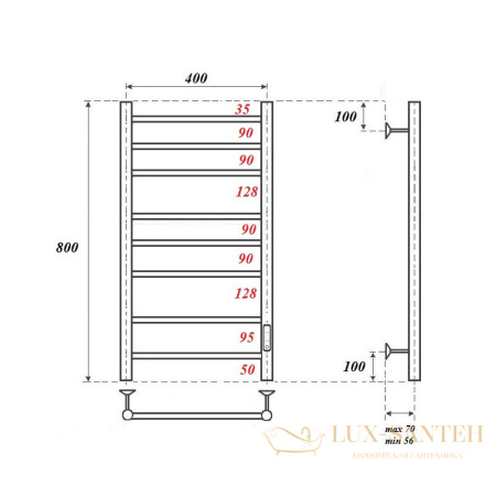 полотенцесушитель 400x800 электрический point аврора pn10848b п8 диммер справа, черный