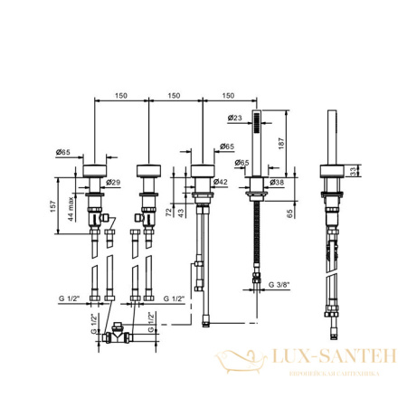 смеситель на борт ванны fantini nice, 65 02 s067s, 2 источника, 4 отверстия, без излива, с ручным душем, хром