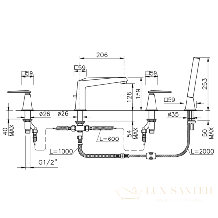 смеситель на борт ванны nicolazzi vincent, 1004go28, на 4 отверстия, с ручным душем, золото