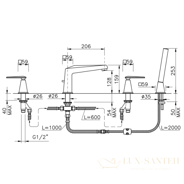 смеситель на борт ванны nicolazzi vincent, 1004go28, на 4 отверстия, с ручным душем, золото