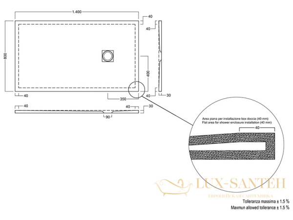 поддон керамический hatria petra_h3 pa14007000100 с сифоном, 140x70x3 см, белый/нержавеющая сталь