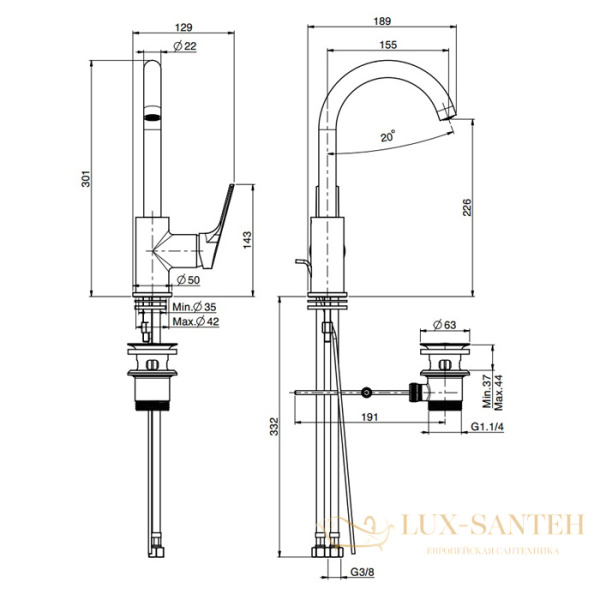 смеситель для раковины, fima|carlo frattini serie 4, f3781wcr, вращающийся излив, с донным клапаном, хром