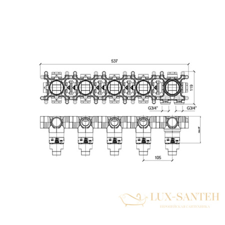 встраиваемая часть almar modular e176914, термостатического смесителя, на 4 выхода, горизонтальный монтаж