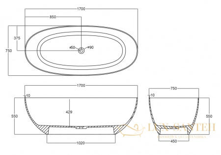 ванна свободностоящая прозрачная abber kristall at9703onyx, 170х75х55h см, черный глянцевый