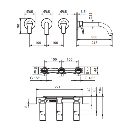 смеситель для раковины, fantini al/23, 26 02 b913b, встраиваемый, на 3 отв, без донного клапана, излив 200мм (наружняя часть), хром