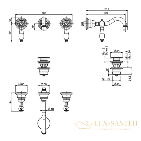 смеситель для раковины встраиваемый fima carlo frattini herend, f5401l/5cbcr, внешняя часть, с донным клапаном, хром