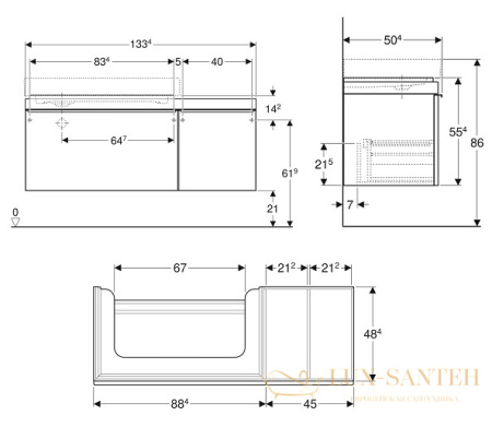 тумба под раковину geberit citterio 500.567.ji.1 1334х504 мм, бежевое стекло/светлый дуб