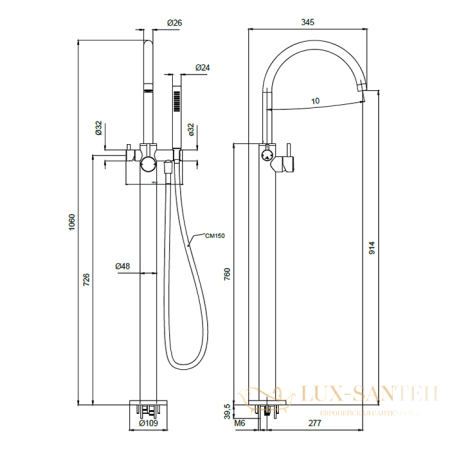 смеситель для ванны напольный almar free-standing e216000.hb, внешняя часть, латунь брашированная pvd
