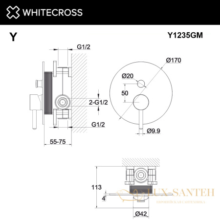 смеситель для душа скрытого монтажа whitecross y y1235gm, оружейная сталь