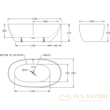 акриловая ванна belbagno bb80-1700-w0 170x83 без гидромассажа, белый