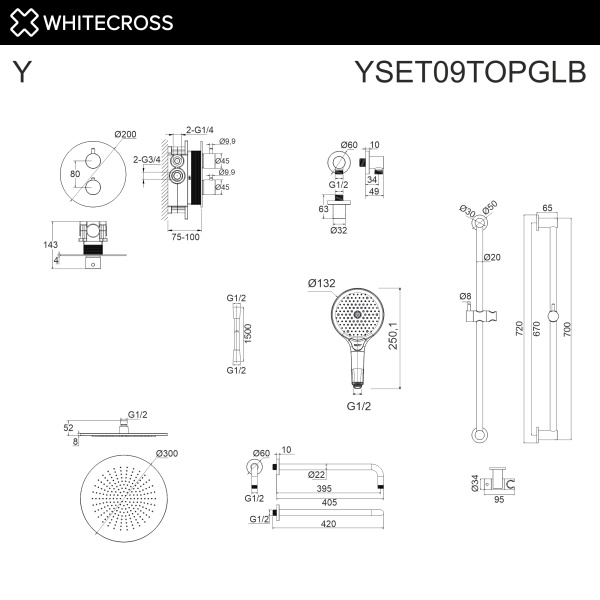 термостатическая душевая система скрытого монтажа whitecross y, yset09topglb, золото брашированное