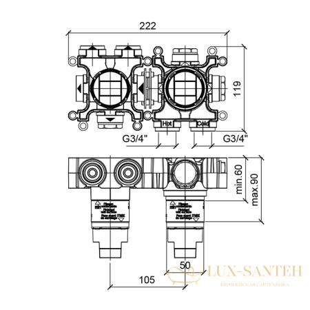 встраиваемая часть almar modular e176902, термостатического смесителя на 3 выхода, горизонтальный монтаж