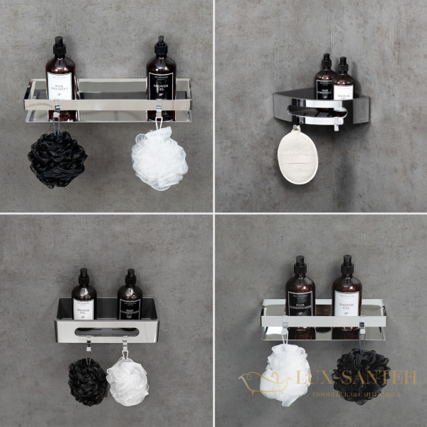 полка для душа lemark shelf line 9771043, 295 мм, с крючками и вставкой из пластика, хром/вставка-графит