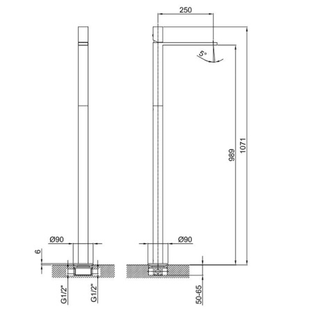 смеситель для раковины, fantini milano, 31 93 3036b, напольный, без донного клапана, излив 250мм, (наружняя часть), матовая натуральная сталь