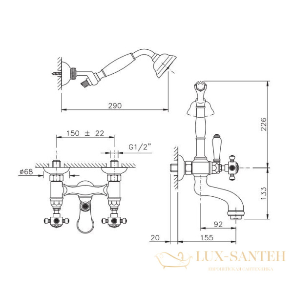 смеситель для ванны nicolazzi le pietre, 2102cr09, с душевым комплектом, хром