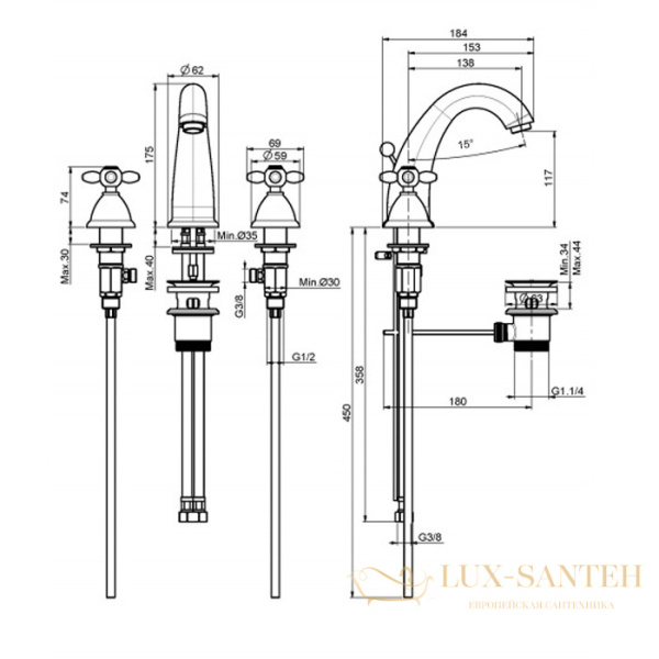 смеситель для раковины, fima|carlo frattini olivia, f5031cr, на 3 отверстия, высота 175 мм., с донным клапаном, хром