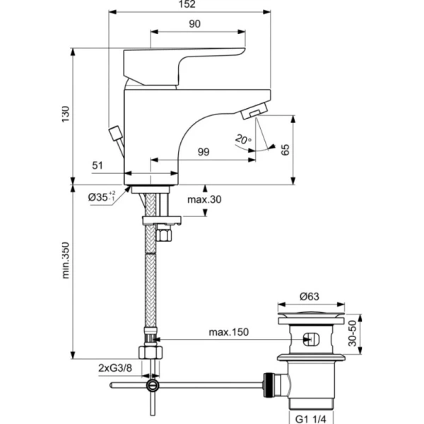 смеситель с донным клапаном ideal standard ceraplan iii b0700aa для раковины, хром