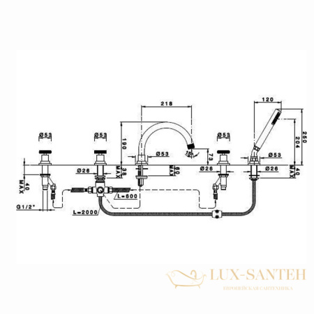 смеситель на борт ванны nicolazzi arena, 3314cr44, на 5 отверствий, излив 218 мм, хром