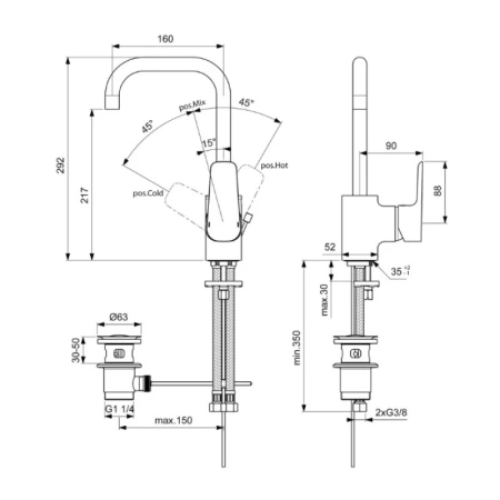 смеситель с донным клапаном ideal standard ceraplan iii b0706aa для раковины, хром