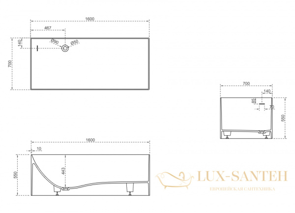 ванна свободностоящая из искусственного камня abber stein as9640-1.6, 160х70х55h см, белый матовый 