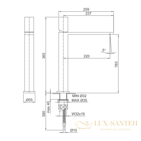 смеситель для раковины fantini milano, 31 93 3051f, без донного клапана, излив 220мм, матовая натуральная сталь