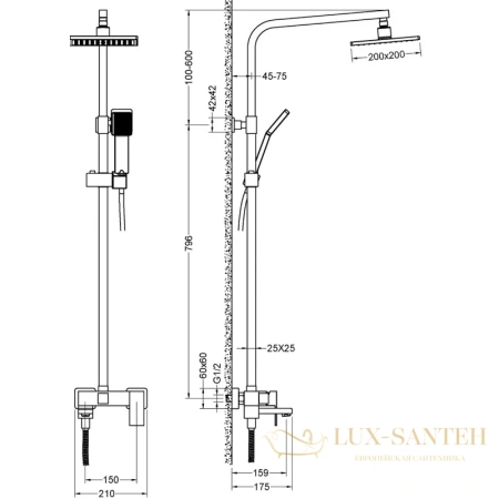 душевая система timo selene sx-2013/03 200 мм, черный
