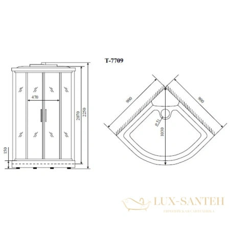душевая кабина timo lux t-7709 90x90x225 см, стекло прозрачное