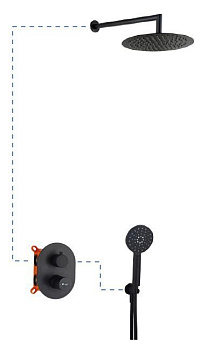 душевой комплект aqg tube 19tuber20805 на 2 потребителя с круглым верхним душем 25 см и кронштейном 35 см, черный матовый