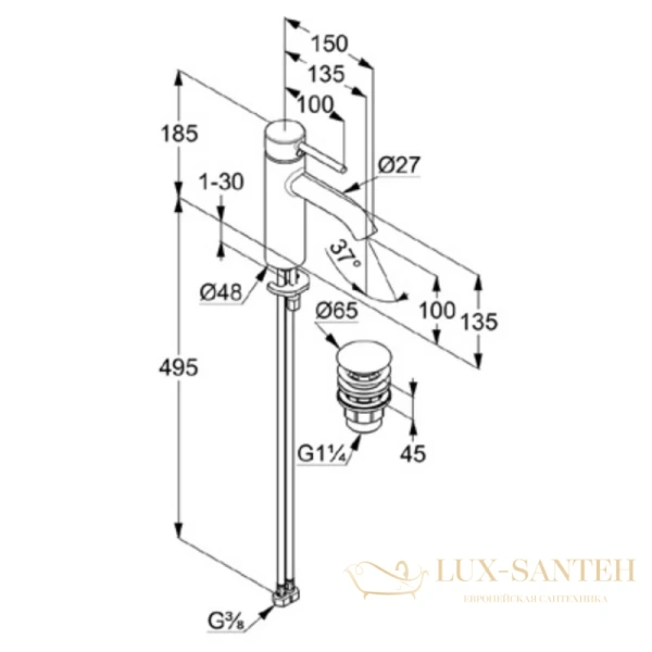 смеситель для раковины kludi bozz 382880576 с донным клапаном, хром