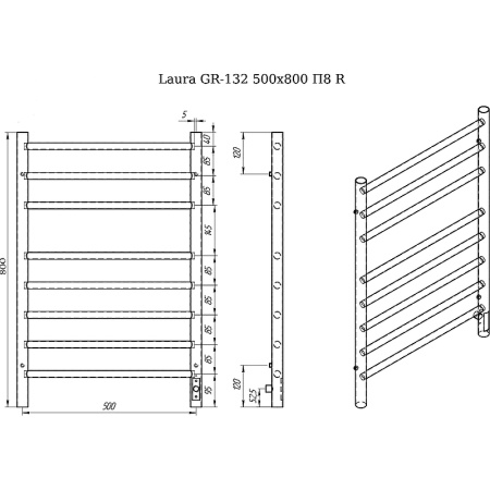 полотенцесушитель электрический с/т grois laura gr-132 500x 800 ral 9005 п8 r черный матовый