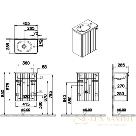 тумба с раковиной vitra root groove 69191 45,5 см l, белый матовый