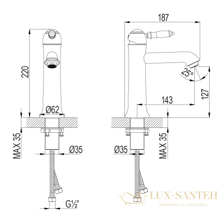 смеситель для умывальника lemark villa lm4837b для умывальника средний, монол., с донным клапаном клик-клак, бронза