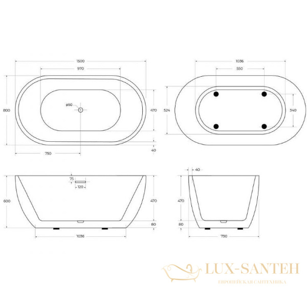 акриловая ванна belbagno bb70-1500-800 150х80 без гидромассажа, белый