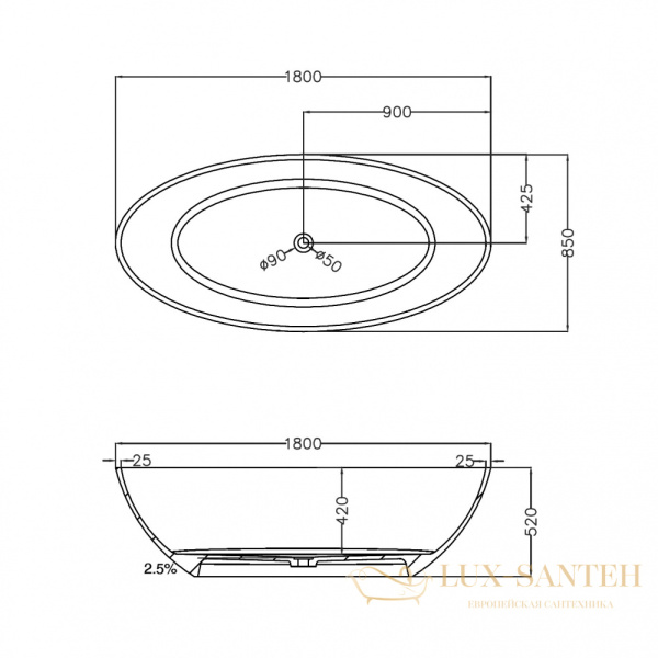 ванна свободностоящая прозрачная abber kristall at9702opal, 180х85х52h см, коричневый глянцевый