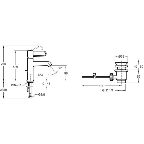 смеситель jacob delafon odeon rive gauche e21028-cp-bl для раковины с донным клапаном, хром/черный