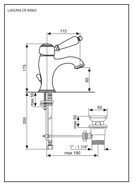 однорычажный смеситель emmevi laguna 40063/cr для раковины (излив 11 см) с донным клапаном, хром