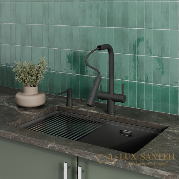 смеситель для кухни под фильтр с выдвижным изливом milacio mcu.561.tb, total black